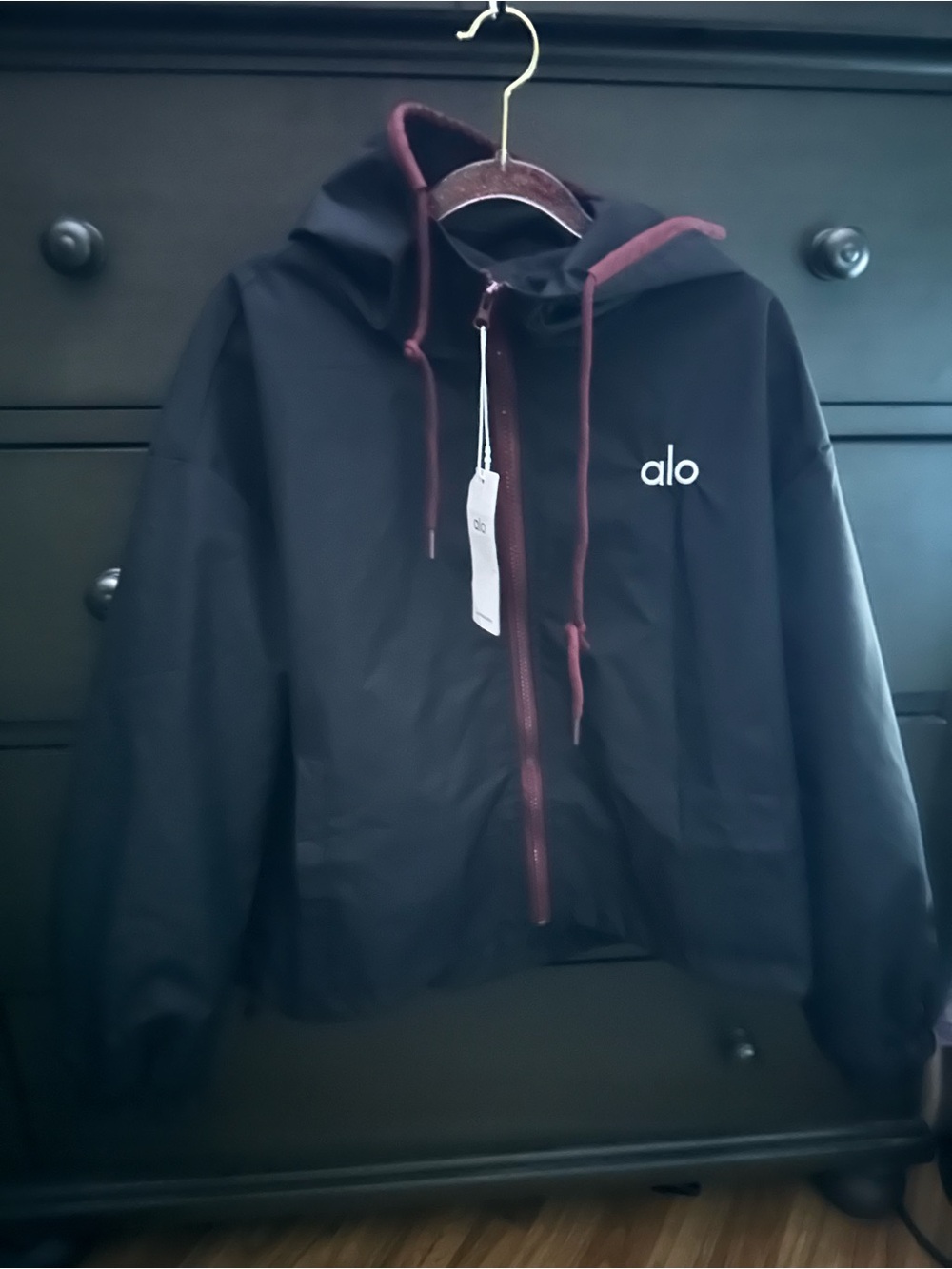 Black Windbreaker Jacket with Maroon Trim
